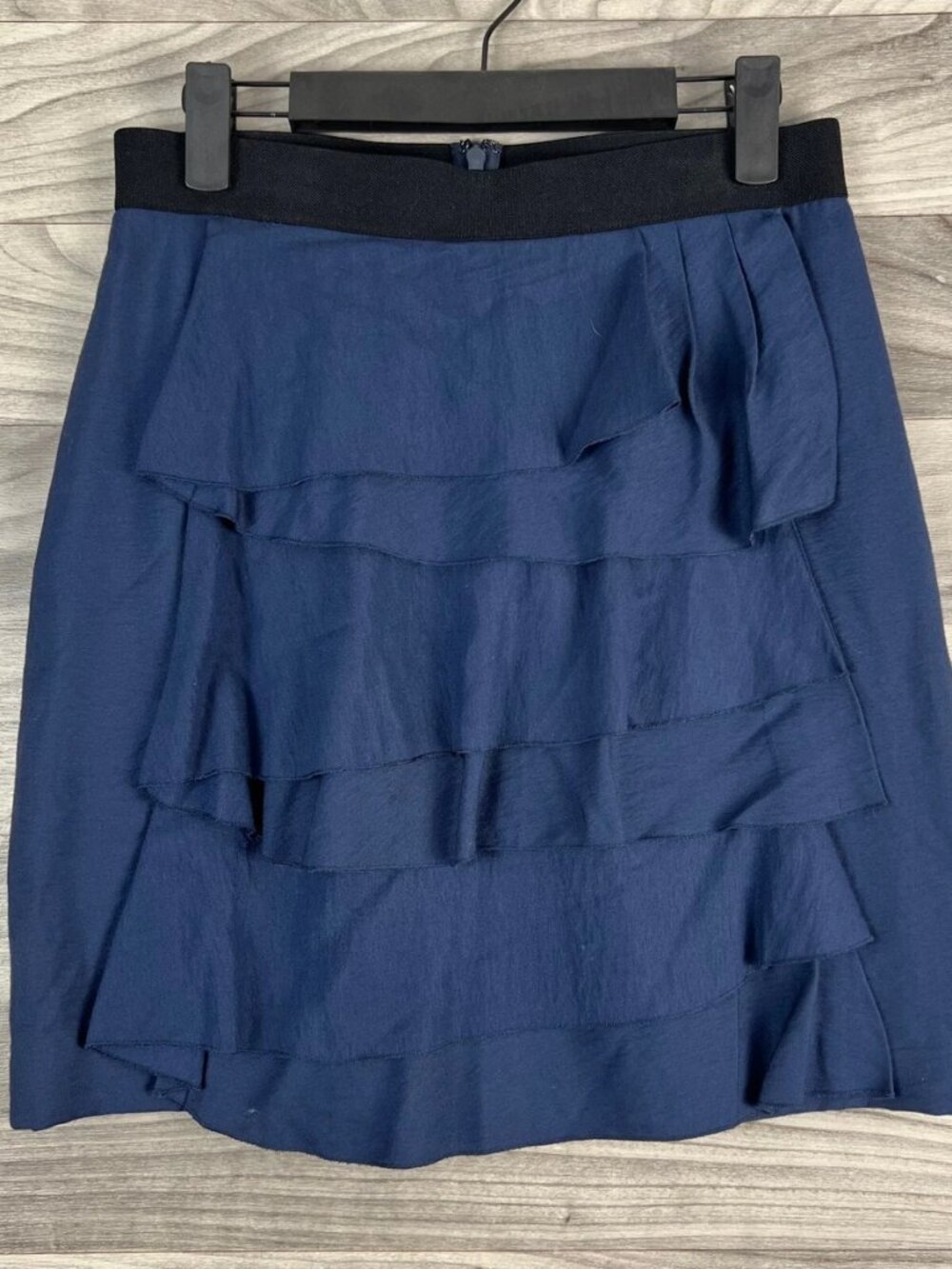 BCBGMaxAzria Navy Ruffle Tiered Mini Skirt with Black Waistband